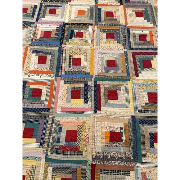 Antique Log Cabin Quilt Reversible Twin/full Blue Trim Floral Back 81” X 64” - Picture 3 of 16